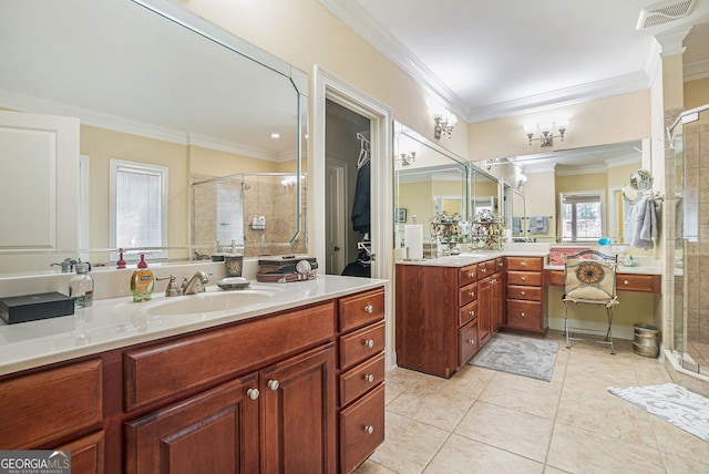 full bathroom with visible vents, a stall shower, ornamental molding, and a sink