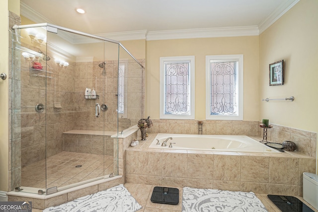 full bath featuring a bath, crown molding, and a stall shower