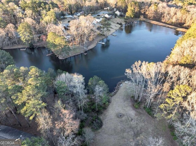 drone / aerial view with a forest view and a water view