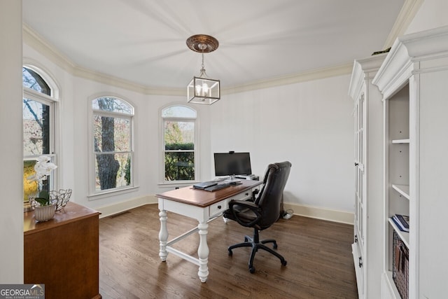 3491 Falls Branch Ct, Buford, GA 30519 - office space featuring dark wood-style flooring, baseboards, plenty of natural light, crown molding, and a chandelier