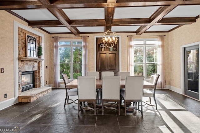 3491 Falls Branch Ct, Buford, GA 30519 - dining space featuring plenty of natural light, beamed ceiling, a chandelier, baseboards, and coffered ceiling