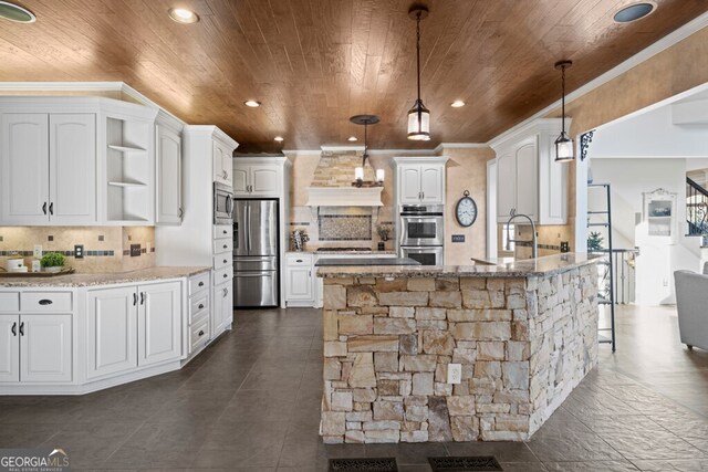 3491 Falls Branch Ct, Buford, GA 30519 - kitchen with wood ceiling, stainless steel appliances, open shelves, custom exhaust hood, and tasteful backsplash