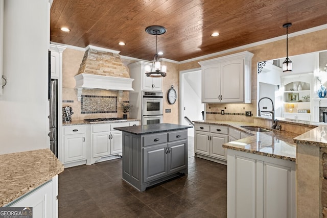 3491 Falls Branch Ct, Buford, GA 30519 - kitchen featuring wood ceiling, stainless steel appliances, a sink, white cabinetry, and tasteful backsplash