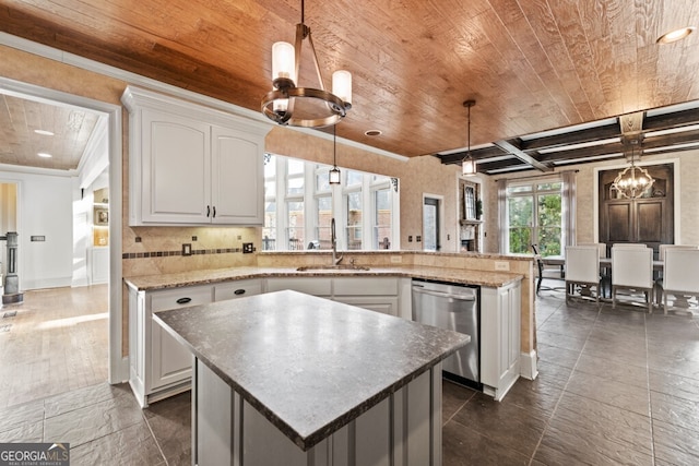 3491 Falls Branch Ct, Buford, GA 30519 - kitchen featuring wood ceiling, stainless steel dishwasher, a chandelier, a sink, and white cabinets