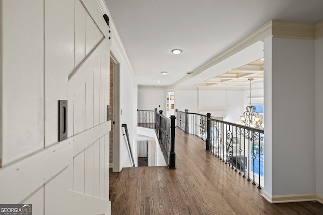 3491 Falls Branch Ct, Buford, GA 30519 - corridor with an upstairs landing, wood finished floors, baseboards, a chandelier, and healthy amount of natural light