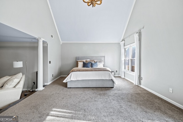 3491 Falls Branch Ct, Buford, GA 30519 - carpeted bedroom with ornate columns, crown molding, baseboards, and high vaulted ceiling