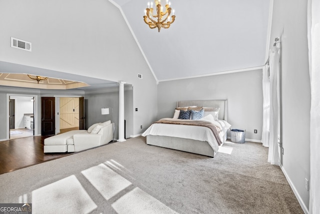 3491 Falls Branch Ct, Buford, GA 30519 - bedroom featuring a chandelier, carpet flooring, ornamental molding, high vaulted ceiling, and baseboards