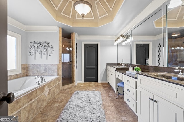 3491 Falls Branch Ct, Buford, GA 30519 - full bathroom with a stall shower, a garden tub, double vanity, a tray ceiling, and tile patterned floors