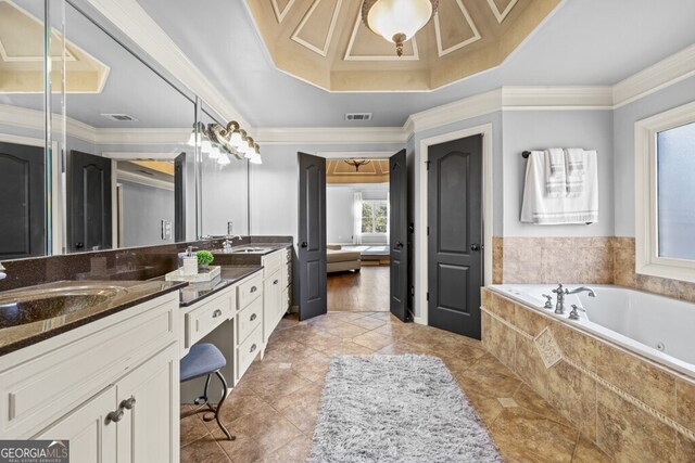 3491 Falls Branch Ct, Buford, GA 30519 - bathroom with double vanity, a bath, ornamental molding, and tile patterned floors