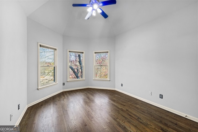 3491 Falls Branch Ct, Buford, GA 30519 - empty room featuring ceiling fan, dark wood finished floors, baseboards, and lofted ceiling