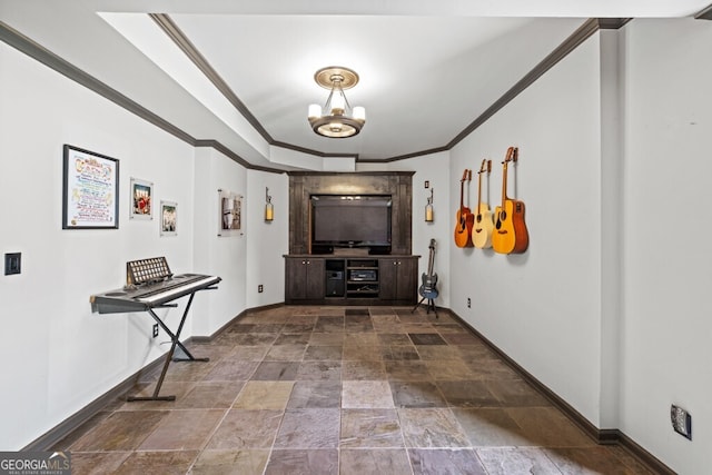 3491 Falls Branch Ct, Buford, GA 30519 - hall with stone finish flooring, ornamental molding, baseboards, and a chandelier