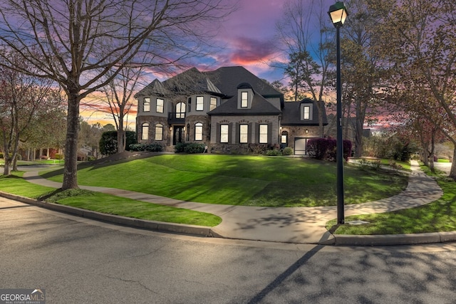 3491 Falls Branch Ct, Buford, GA 30519 - french provincial home featuring stone siding and a yard