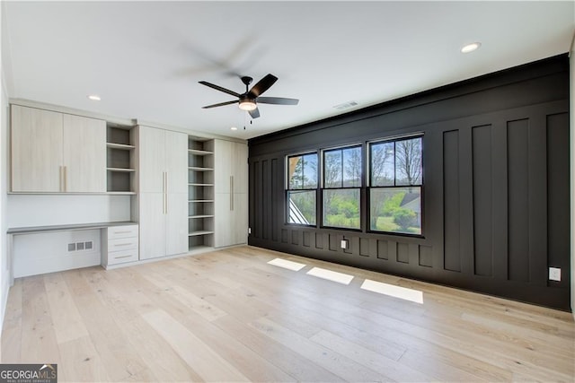 unfurnished living room with visible vents, recessed lighting, ceiling fan, and light wood-type flooring