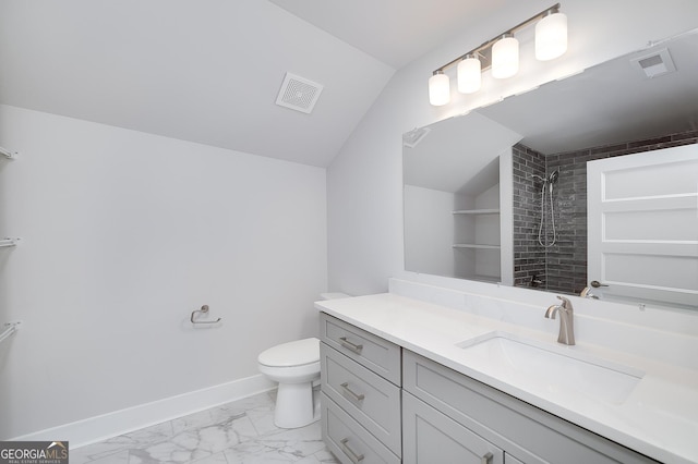 full bathroom with toilet, visible vents, a tile shower, and vanity