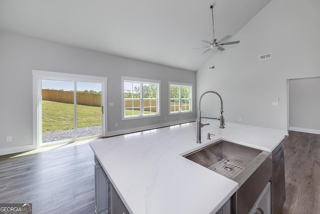 kitchen featuring high vaulted ceiling, dark wood finished floors, a ceiling fan, visible vents, and a sink