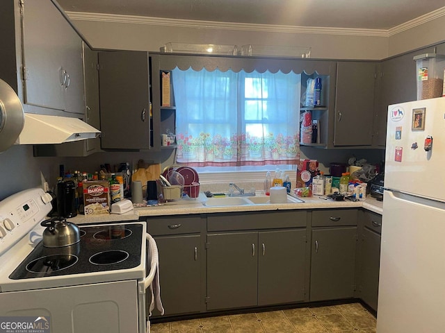 kitchen with a sink, white appliances, open shelves, under cabinet range hood, and ornamental molding