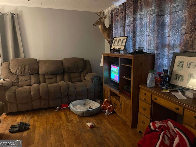 living area featuring hardwood / wood-style floors and ornamental molding