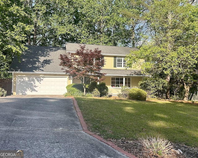 traditional-style home featuring a garage, a front yard, and aphalt driveway