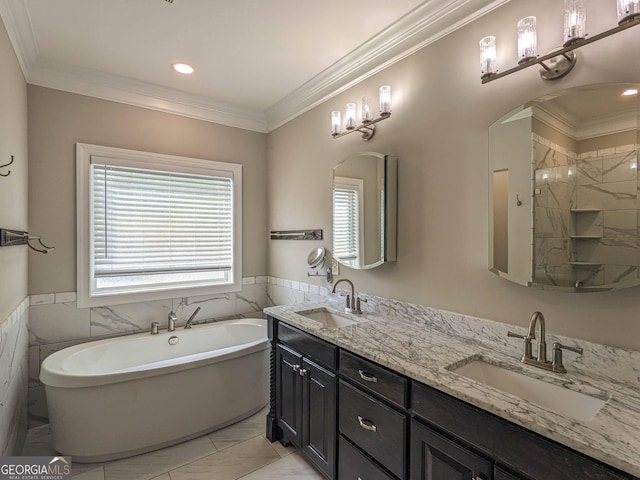 full bath featuring double vanity, marble finish floor, a sink, and a soaking tub