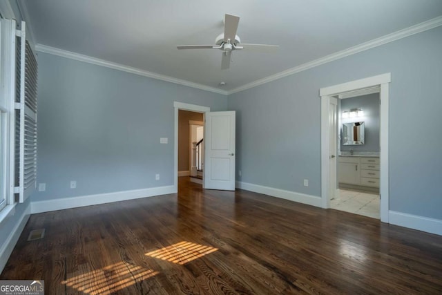215 Chapman Pl, Athens, GA 30606 - unfurnished bedroom featuring crown molding, wood finished floors, connected bathroom, and a ceiling fan