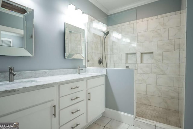 215 Chapman Pl, Athens, GA 30606 - bathroom featuring ornamental molding, a walk in shower, double vanity, and tile patterned flooring