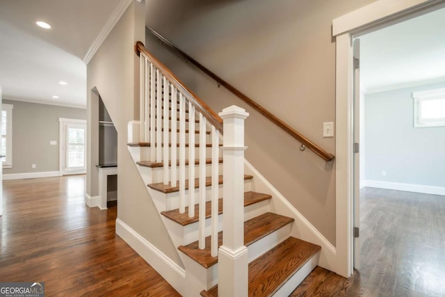 215 Chapman Pl, Athens, GA 30606 - stairway featuring ornamental molding, wood finished floors, and recessed lighting