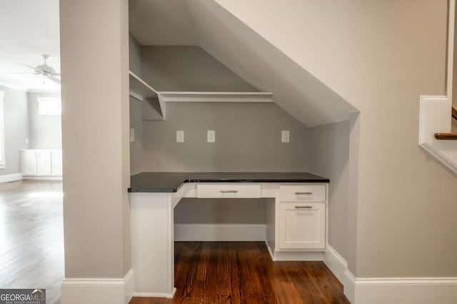 215 Chapman Pl, Athens, GA 30606 - unfurnished office with ceiling fan, dark wood-type flooring, built in study area, and vaulted ceiling