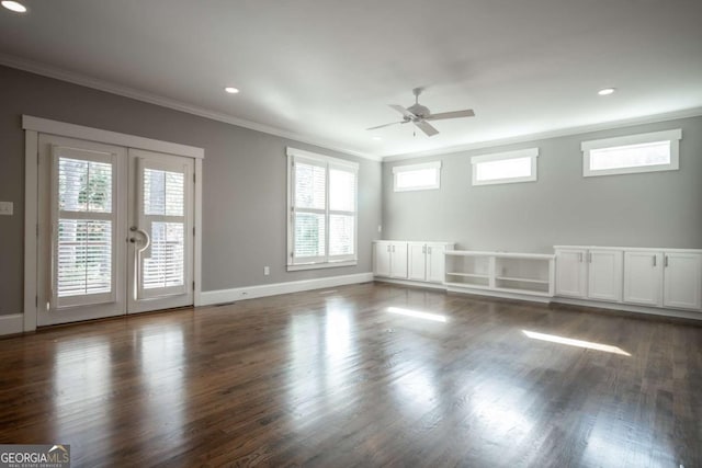 215 Chapman Pl, Athens, GA 30606 - empty room featuring crown molding, a ceiling fan, dark wood finished floors, recessed lighting, and french doors