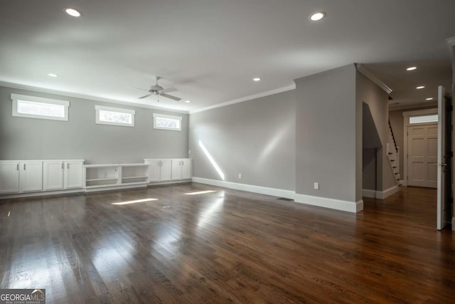 215 Chapman Pl, Athens, GA 30606 - unfurnished living room with ceiling fan, ornamental molding, dark wood-style floors, and recessed lighting