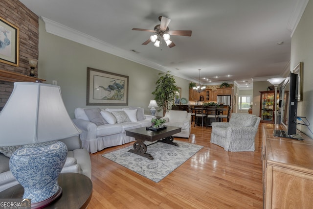 1649-H Lakeview Dr, Young Harris, GA 30582 - living area with ornamental molding, a ceiling fan, light wood finished floors, a chandelier, and recessed lighting