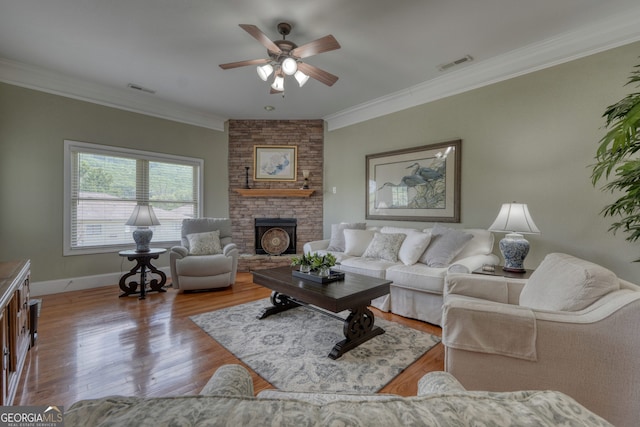 1649-H Lakeview Dr, Young Harris, GA 30582 - living room featuring ceiling fan, crown molding, wood finished floors, a fireplace, and baseboards