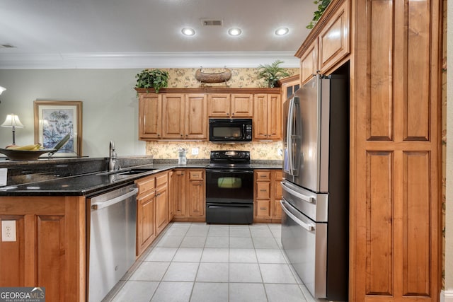 1649-H Lakeview Dr, Young Harris, GA 30582 - kitchen with black appliances, ornamental molding, a sink, a peninsula, and light tile patterned flooring