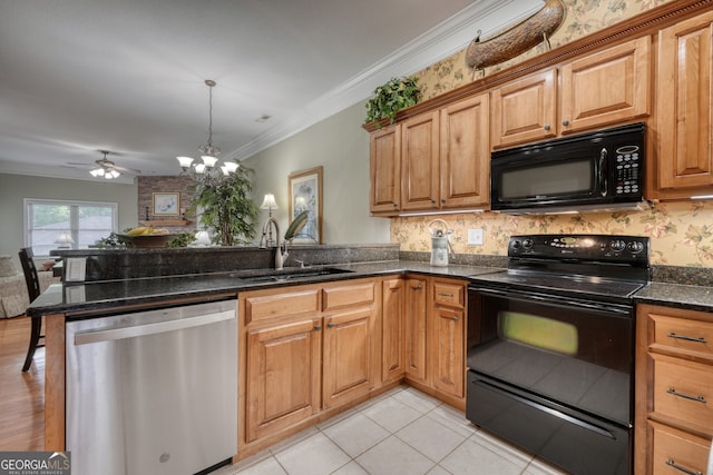 1649-H Lakeview Dr, Young Harris, GA 30582 - kitchen featuring black appliances, a sink, a peninsula, ornamental molding, and a chandelier