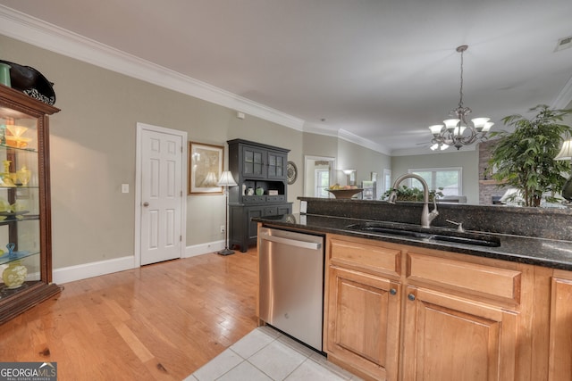 1649-H Lakeview Dr, Young Harris, GA 30582 - kitchen featuring dishwasher, a sink, a chandelier, crown molding, and dark stone counters