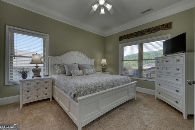1649-H Lakeview Dr, Young Harris, GA 30582 - bedroom featuring ornamental molding, light carpet, baseboards, and a ceiling fan