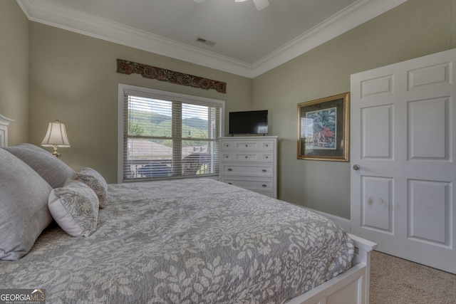 1649-H Lakeview Dr, Young Harris, GA 30582 - bedroom featuring ornamental molding, light colored carpet, and a ceiling fan