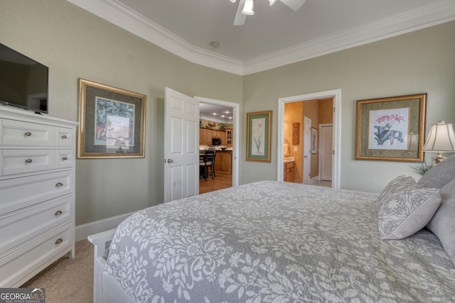 1649-H Lakeview Dr, Young Harris, GA 30582 - bedroom featuring crown molding, connected bathroom, baseboards, and ceiling fan