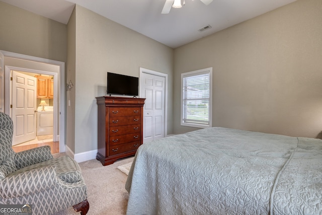 1649-H Lakeview Dr, Young Harris, GA 30582 - bedroom with light colored carpet, washer / dryer, baseboards, a closet, and ceiling fan