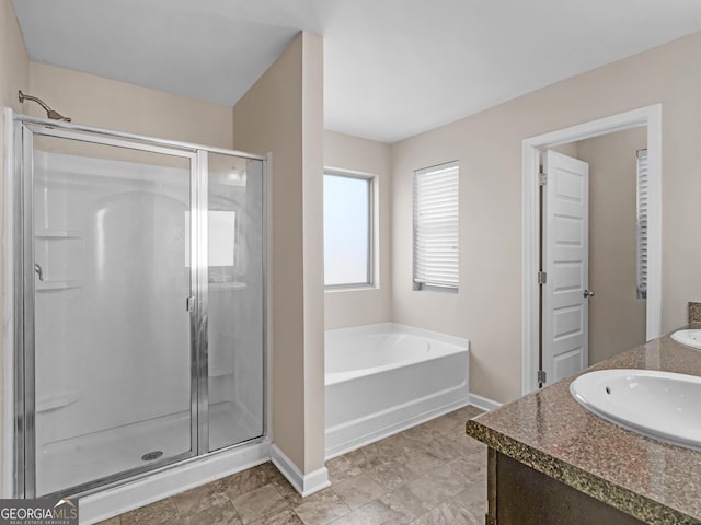 1064 Lear Dr, Locust Grove, GA 30248 - full bathroom featuring a shower stall, double vanity, and a bath