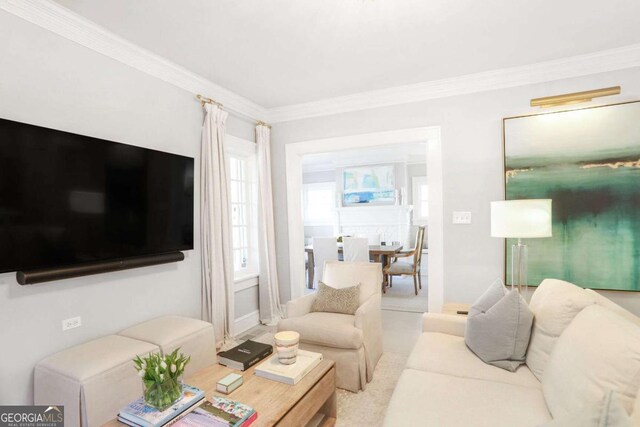 carpeted living room with crown molding