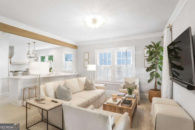 living room with baseboards and crown molding