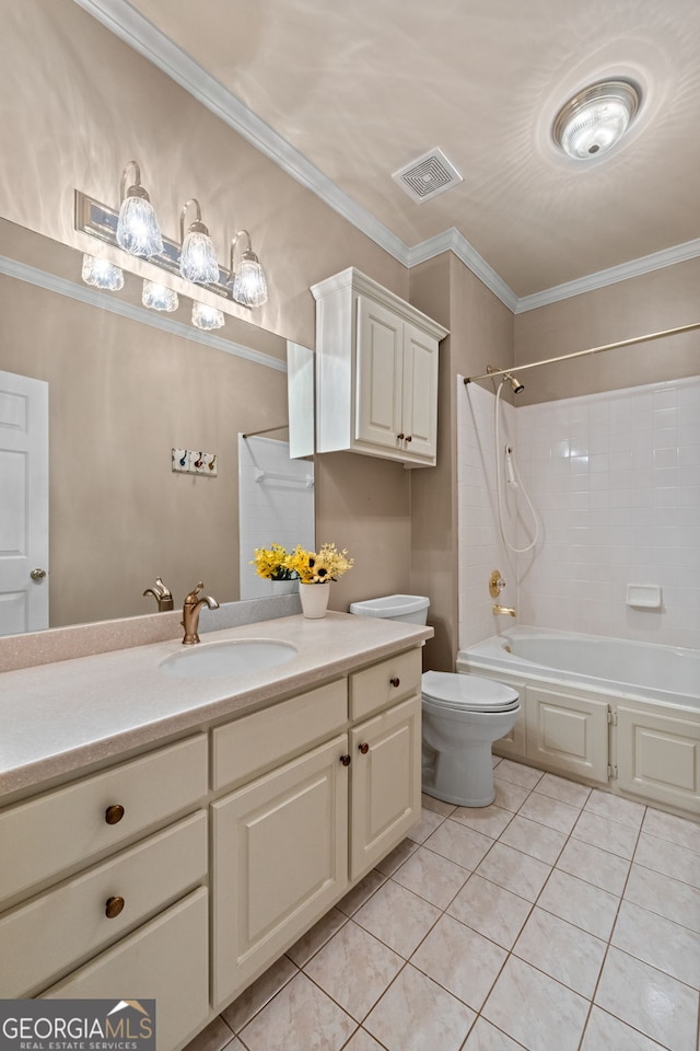 full bathroom with visible vents, crown molding, toilet, vanity, and tile patterned flooring