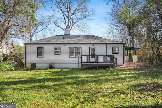 1013 Columbia Dr, Decatur, GA 30030 - back of house featuring a wooden deck, a chimney, a lawn, and roof with shingles