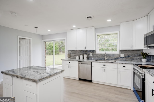 2352 Helsinki Dr, Augusta, GA 30906 - kitchen featuring a sink, tasteful backsplash, appliances with stainless steel finishes, visible vents, and light wood-style floors