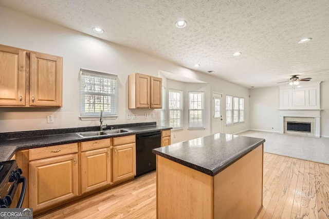 4157 Medlock Woods Dr, Snellville, GA 30039 - kitchen featuring a sink, a fireplace, dishwasher, a center island, and dark countertops