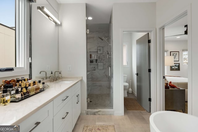 bathroom with a soaking tub, toilet, vanity, a stall shower, and a wealth of natural light