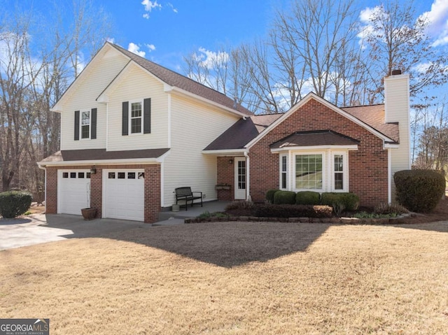 6920 Greenfield Ln, Cumming, GA 30028 - traditional-style house featuring a chimney, a garage, concrete driveway, brick siding, and a shingled roof