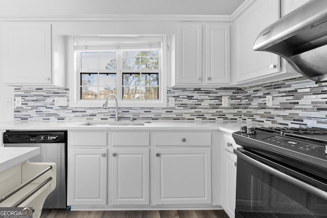 1484 Highland Bluff Ct, Suwanee, GA 30024 - kitchen with ventilation hood, a sink, white cabinetry, stainless steel dishwasher, and gas stove