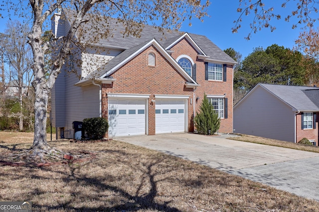 1484 Highland Bluff Ct, Suwanee, GA 30024 - view of front facade with roof with shingles, an attached garage, driveway, brick siding, and a chimney