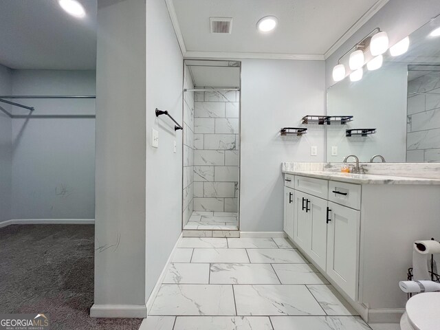 1105 Claxton Dairy Rd, Dublin, GA 31021 - bathroom with baseboards, a tile shower, vanity, marble finish flooring, and recessed lighting
